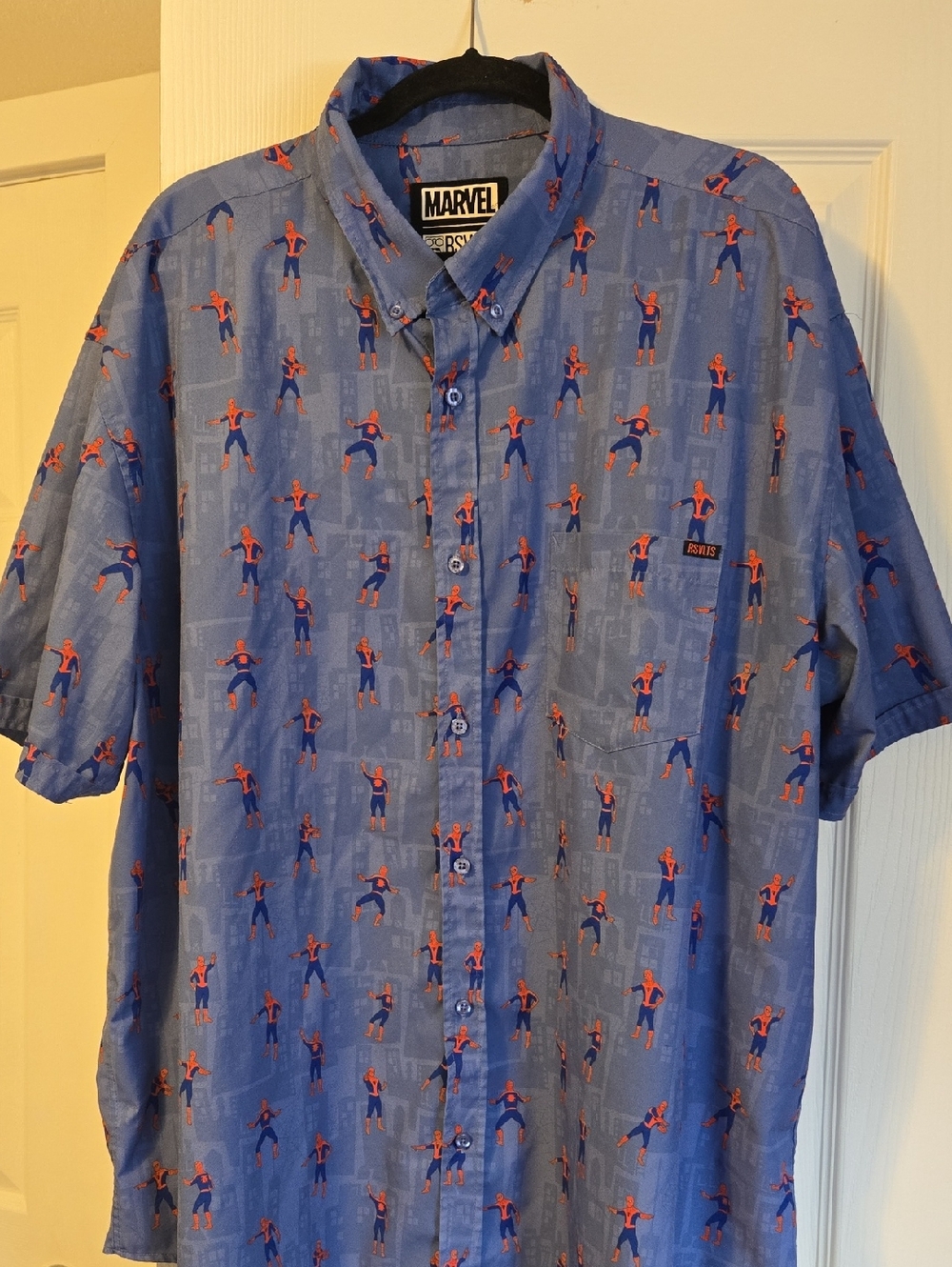 RSVLTS Spider-Man Meme Blue Short-Sleeve Button-Up Shirt